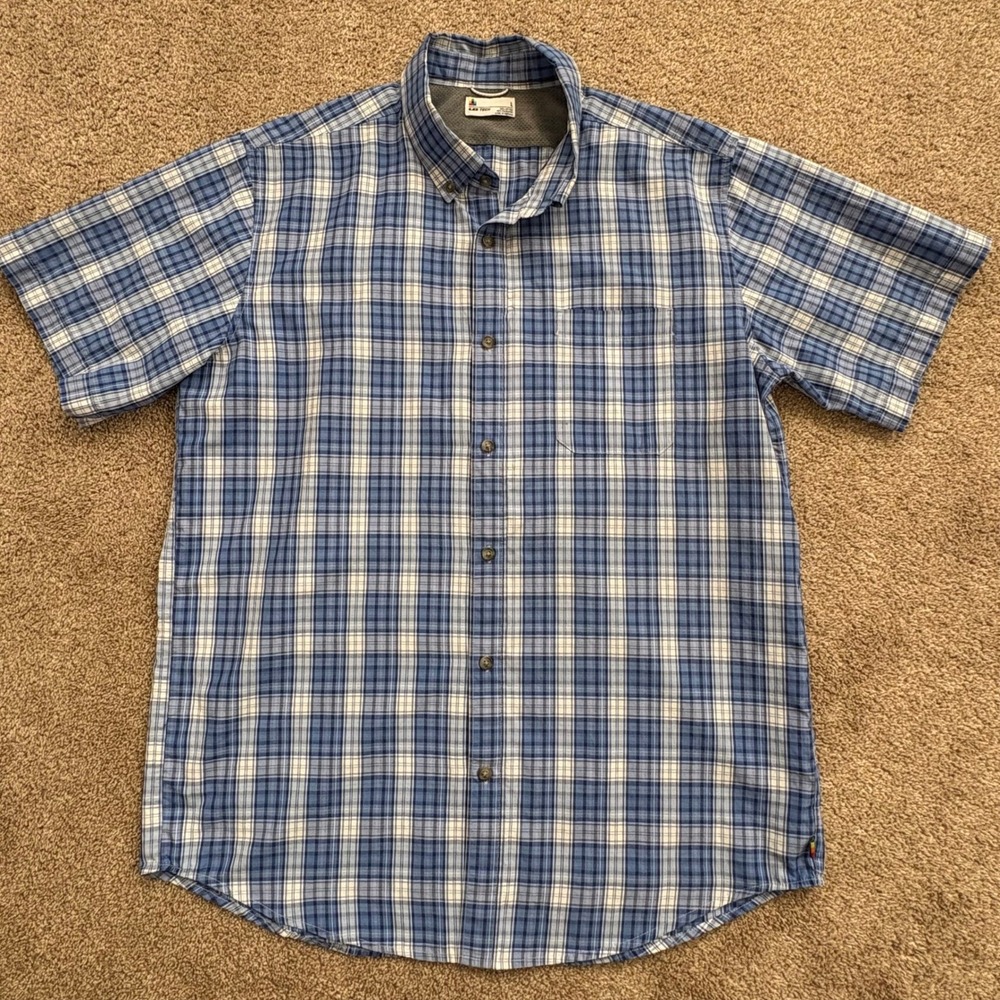 LB Tech Plaid Button Up Shirt Mens Large Blue Short Sleeve Outdoor Hiking Casual